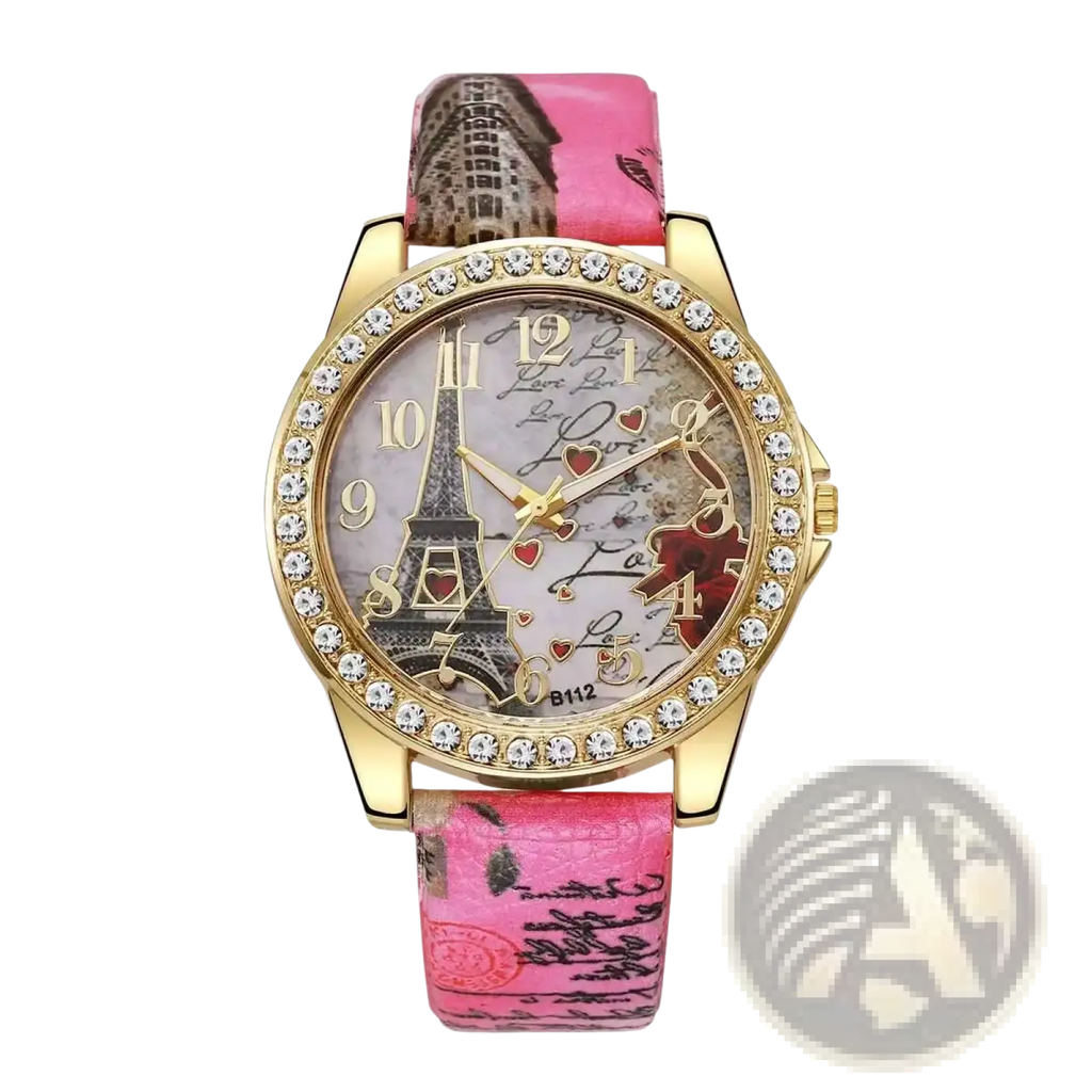 Pink leather strap eiffel tower floral quartz women watch with gold-tone rhinestone case and vintage parisian-themed dial
