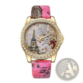 Pink leather strap eiffel tower floral quartz women watch with gold-tone rhinestone case and vintage parisian-themed dial