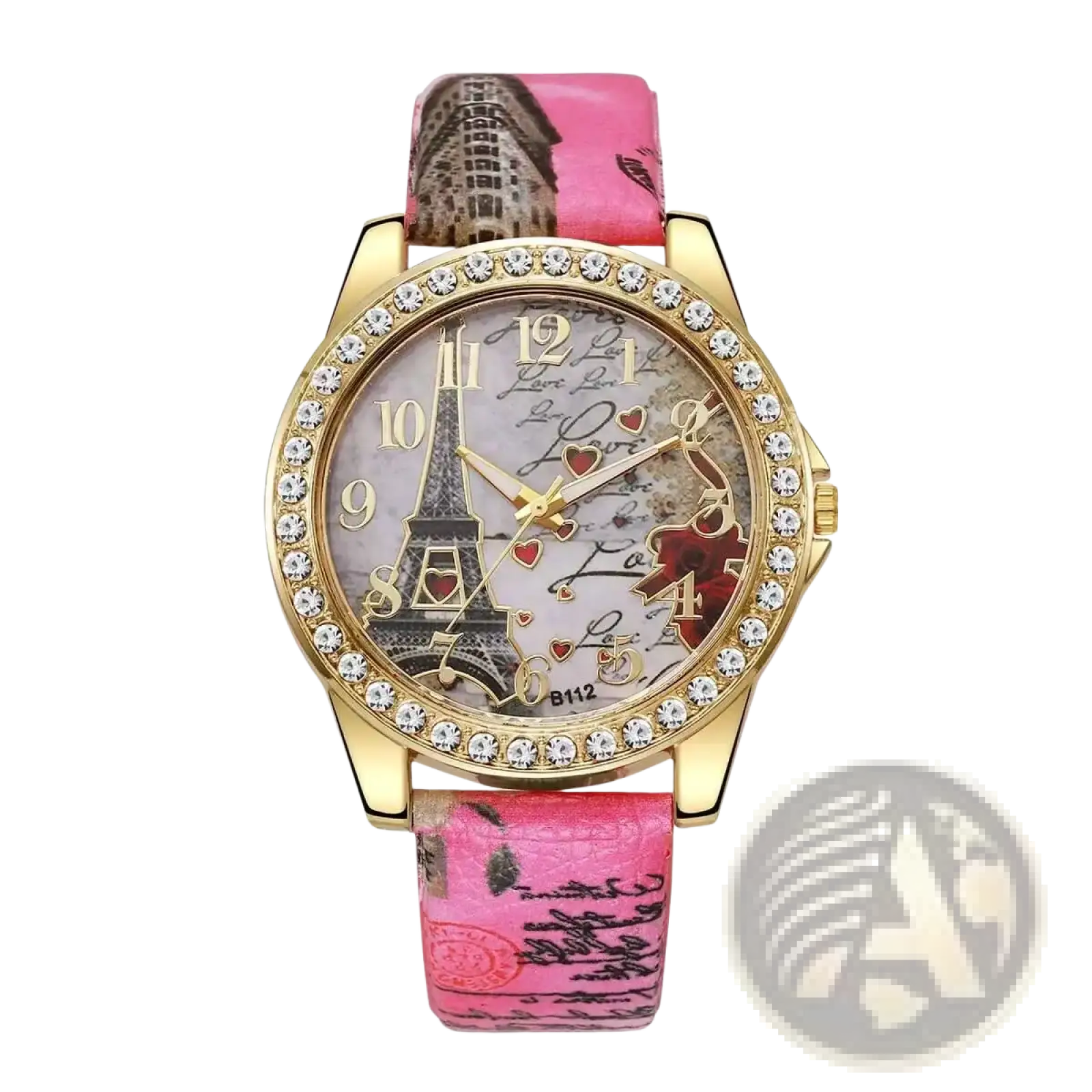 Pink leather strap eiffel tower floral quartz women watch with gold-tone rhinestone case and vintage parisian-themed dial