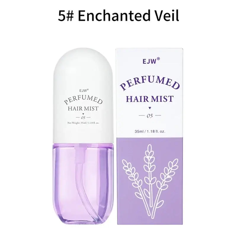 Ejw perfumed hair mist in a sleek white and lavender glass bottle with minimalist design and enchanted veil scent
