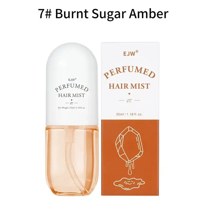 Ejw perfumed hair mist and essential oil spray in burnt sugar amber scent with sleek white and amber glass bottle