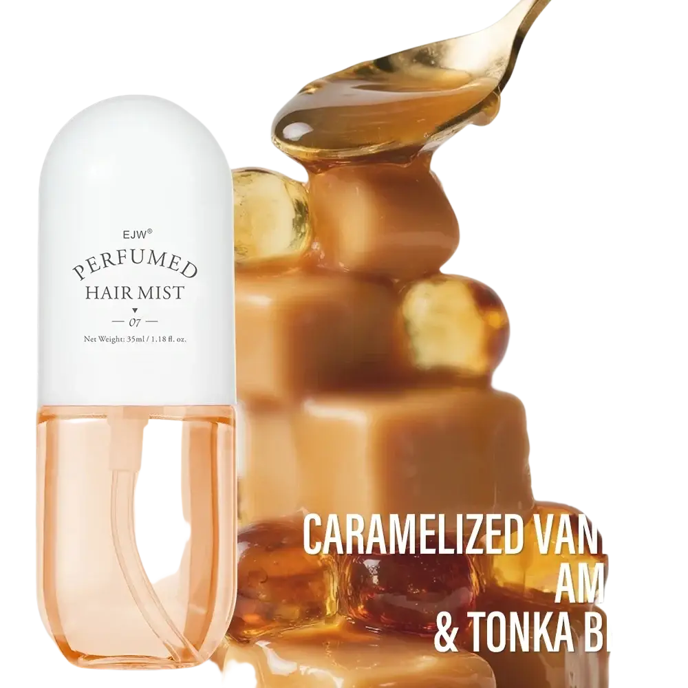 Ejw perfumed hair mist and essential oil spray in a sleek white and transparent bottle with caramelized vanilla amber scent