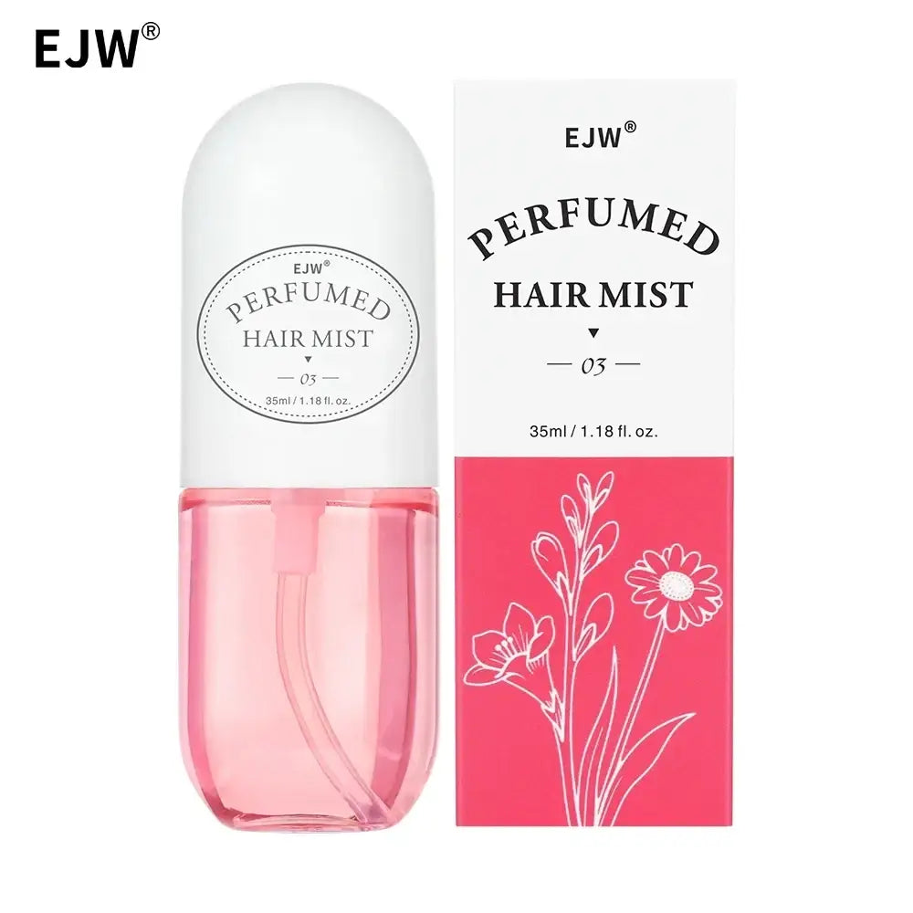 Ejw perfumed hair mist and essential oil spray in a sleek white and pink glass bottle with floral design