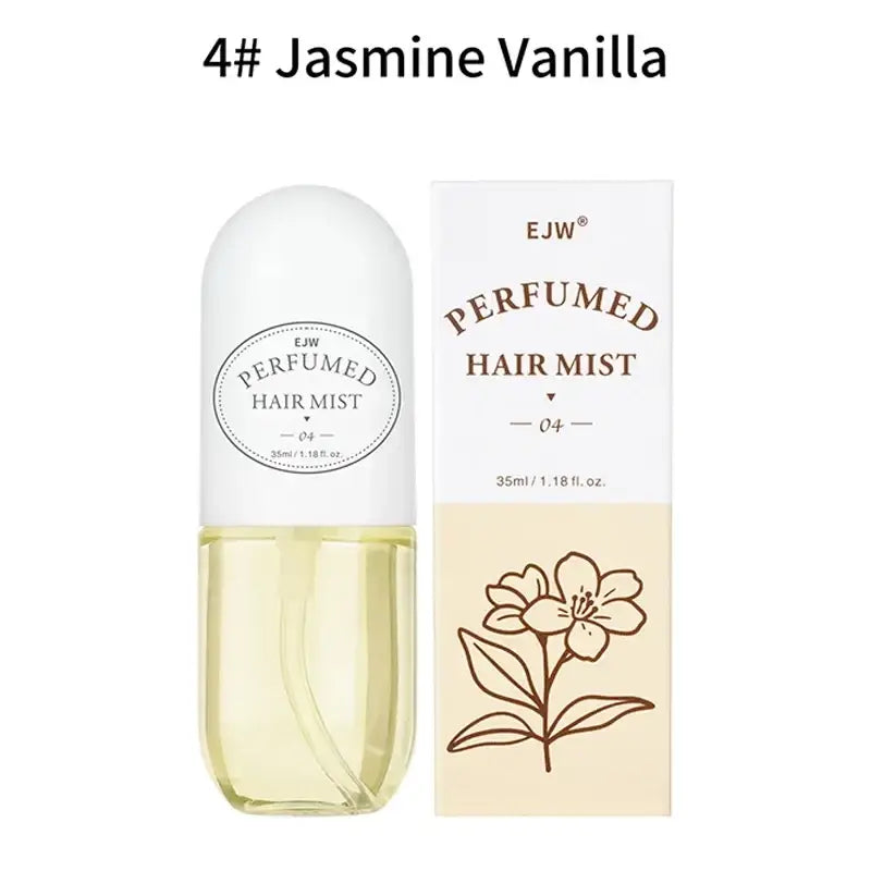 Ejw perfumed hair mist and essential oil spray in a sleek white bottle with pale yellow jasmine vanilla liquid