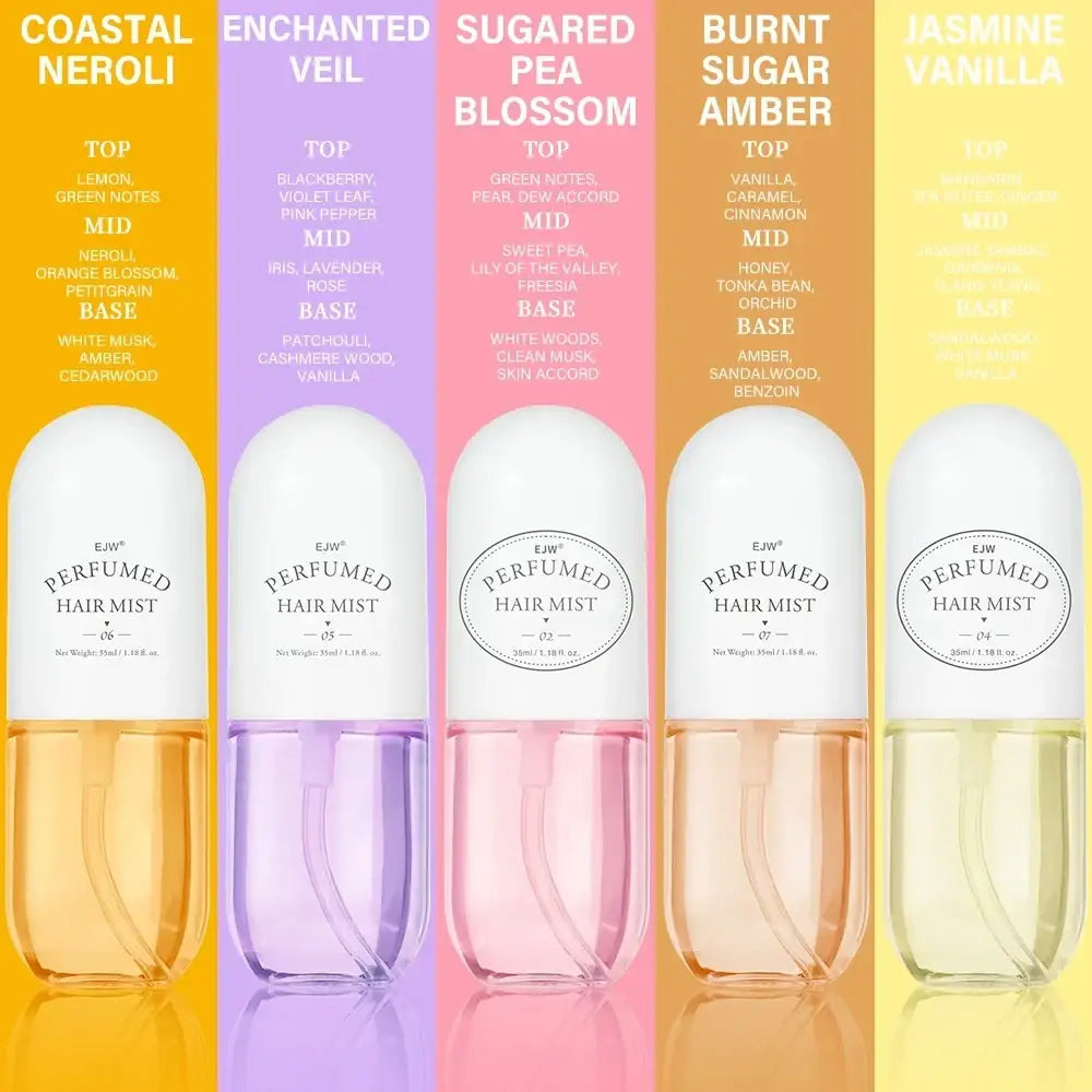 Five sleek transparent glass bottles of Ejw perfumed hair mist and essential oil spray in vibrant coastal neroli yellow, enchanted veil purple, sugared pea blossom pink, and burnt sugar amber colors