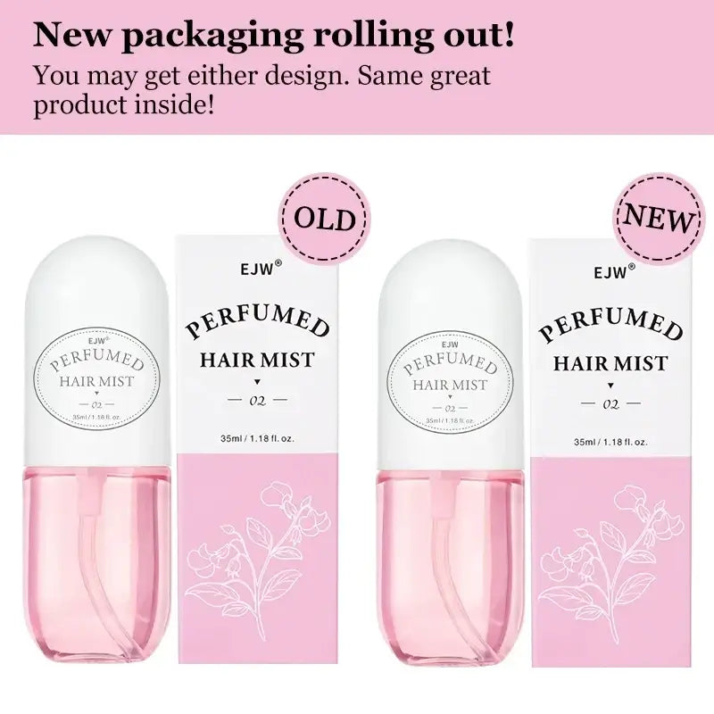 Ejw perfumed hair mist and essential oil spray in a clear glass pink bottle with white cap and floral pink packaging