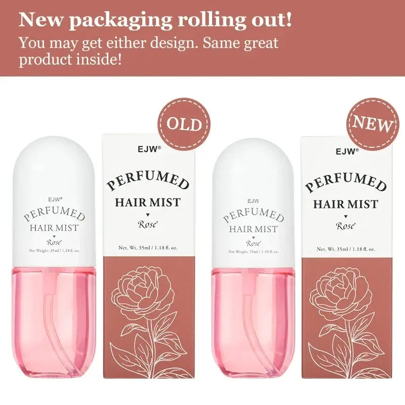 Ejw perfumed hair mist in a clear glass bottle with white cap and matching pink rose-scented packaging