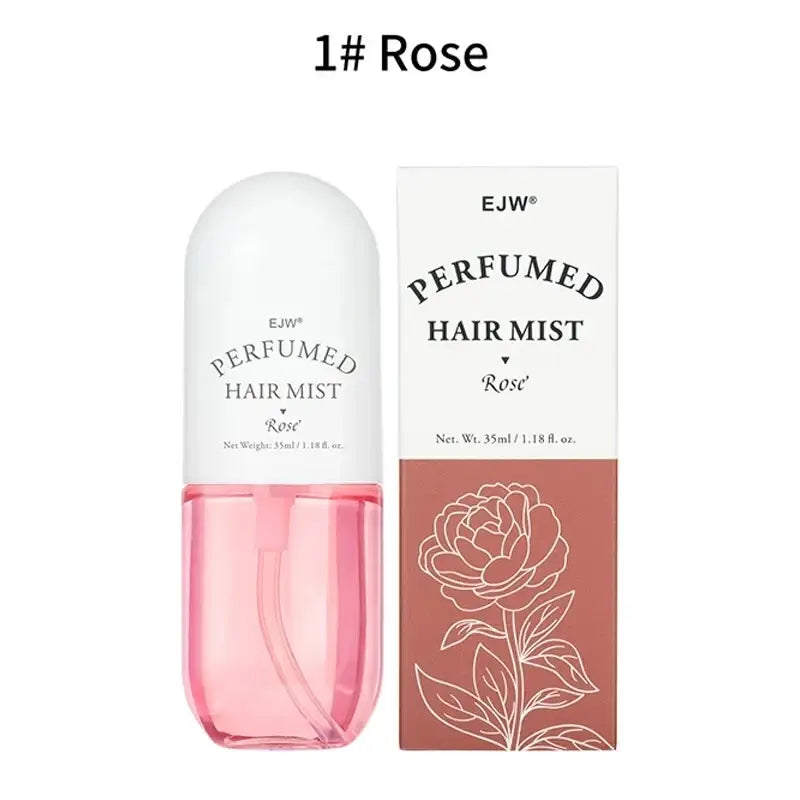 Ejw perfumed hair mist and essential oil spray in a sleek white and pink bottle with rose-themed packaging