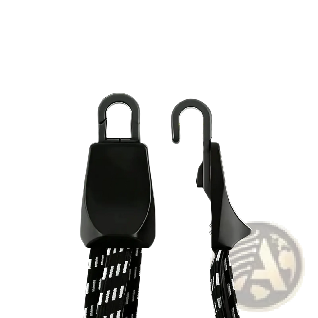 Black high-strength plastic hook with sleek curved design and integrated strap attachment for elastic bicycle cargo strap