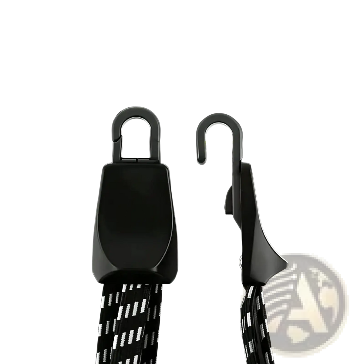 Black high-strength plastic hook with sleek curved design and integrated strap attachment for elastic bicycle cargo strap