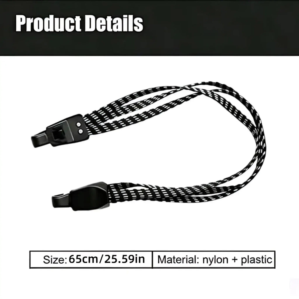 Elastic bicycle cargo strap with black and white checkered nylon strap and plastic buckle hook clips