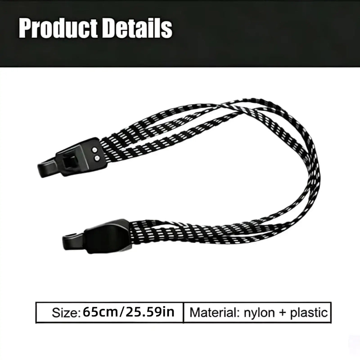 Elastic bicycle cargo strap with black and white checkered nylon strap and plastic buckle hook clips