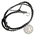 Black elastic bicycle cargo strap with white reflective stripes and metal buckle hooks at each end for securing items