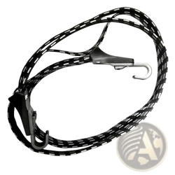 Black elastic bicycle cargo strap with white reflective stripes and metal buckle hooks at each end for securing items