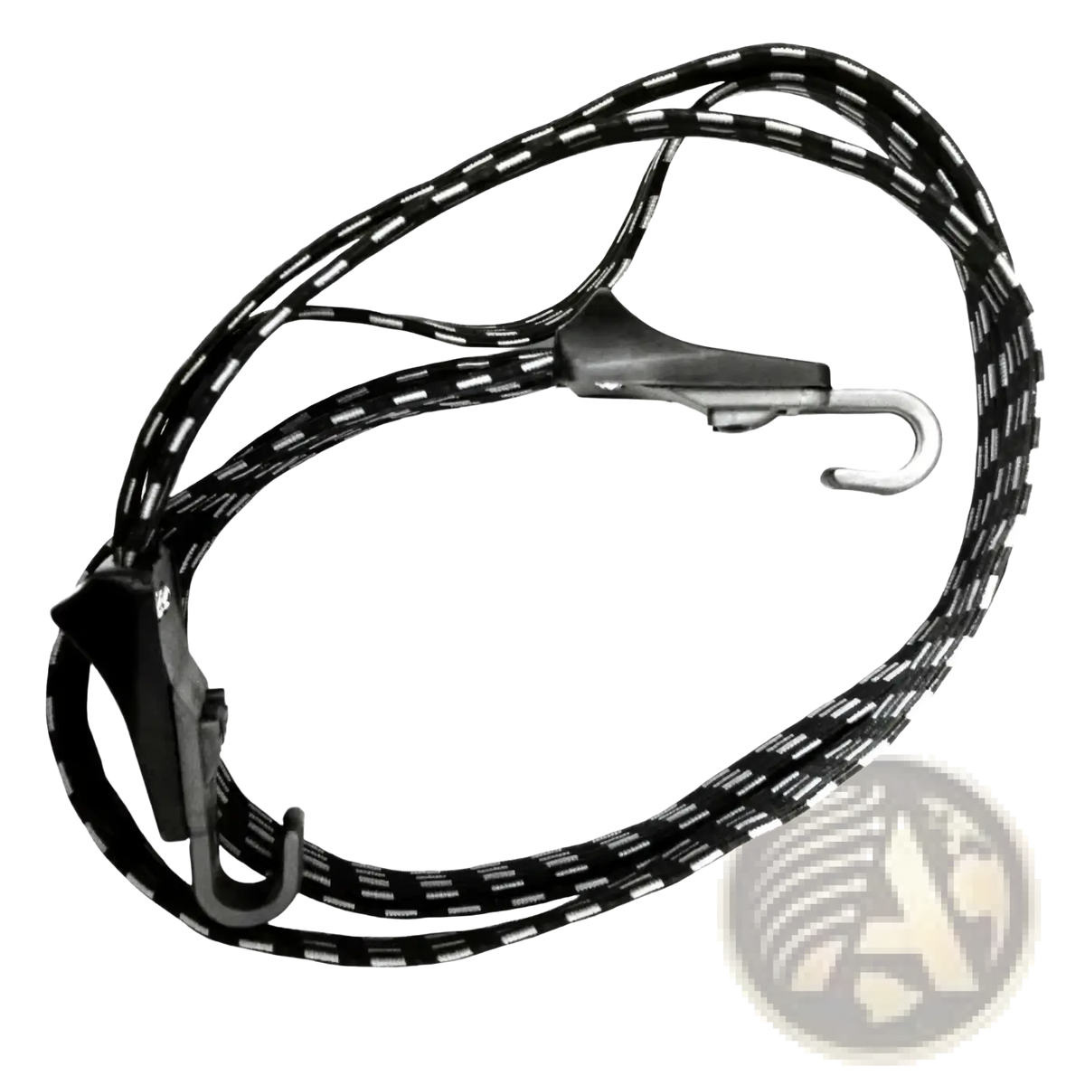 Black elastic bicycle cargo strap with white reflective stripes and metal buckle hooks at each end for securing items