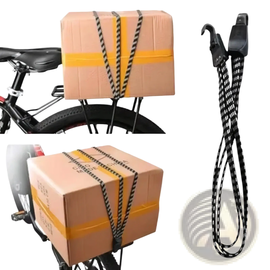 Elastic bicycle cargo strap with black plastic hook clamp featuring black and white striped elastic material