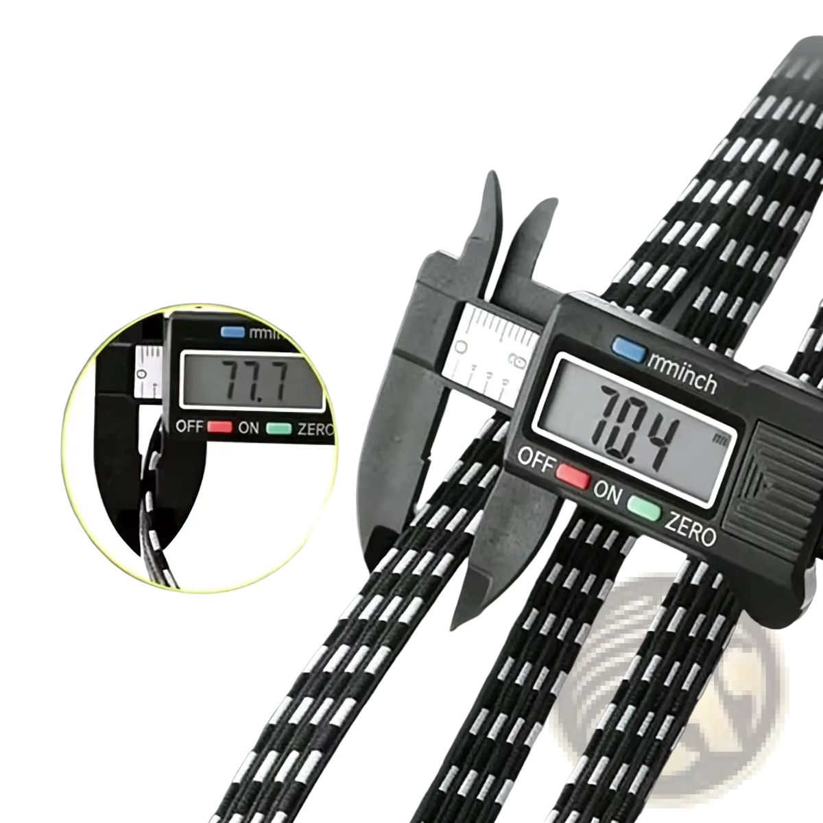 Elastic bicycle cargo strap with black and white braided cord measured at 3mm thickness by digital calipers