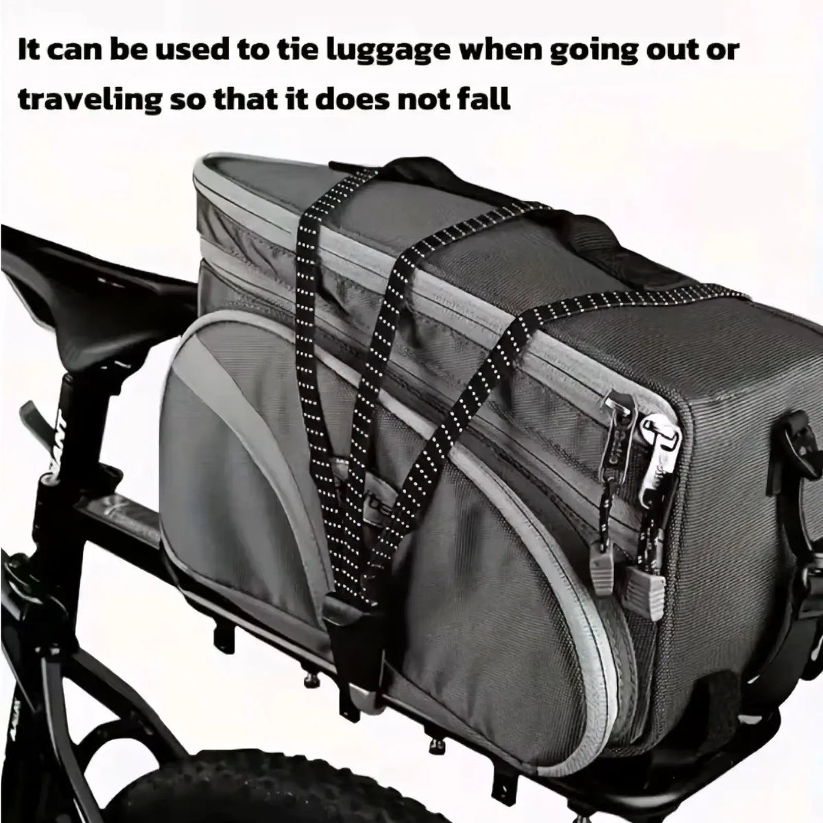 Gray and black bicycle pannier with reflective straps multiple zippered compartments and elastic cargo strap with buckle hook
