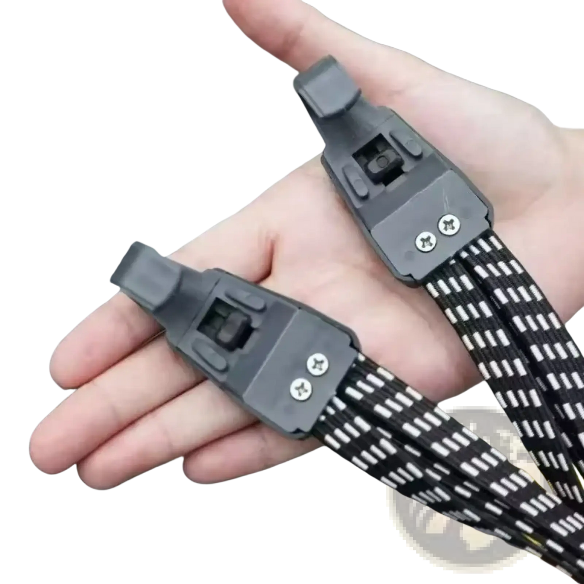 Black plastic motorcycle seat belt clamps with white striped elastic straps for elastic bicycle luggage strap with hooks