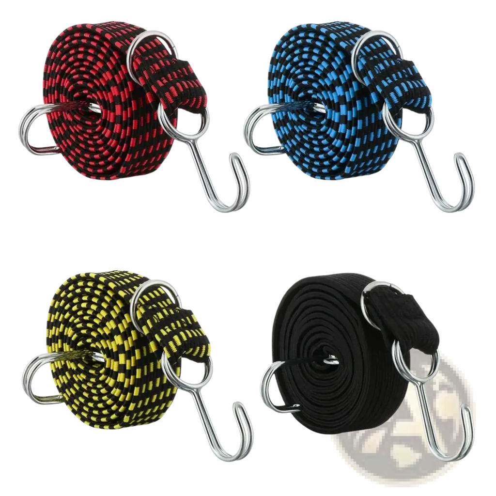 Elastic bicycle luggage straps in black and red black and blue black and yellow or solid black with metal hooks