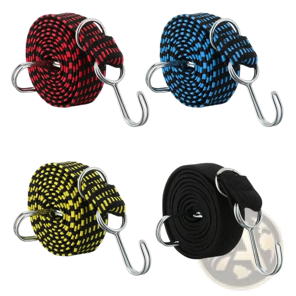 Elastic bicycle luggage straps in black and red black and blue black and yellow or solid black with metal hooks