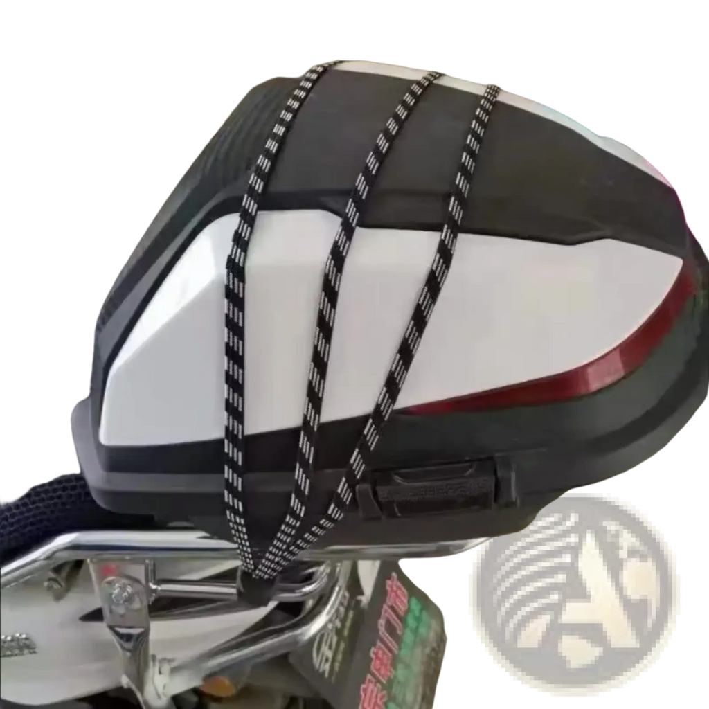 Black and white motorcycle tailbox with red accent trim shown from the back with elastic bicycle luggage strap with hooks