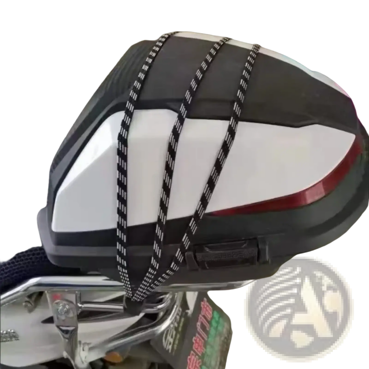 Black and white motorcycle tailbox with red accent trim shown from the back with elastic bicycle luggage strap with hooks