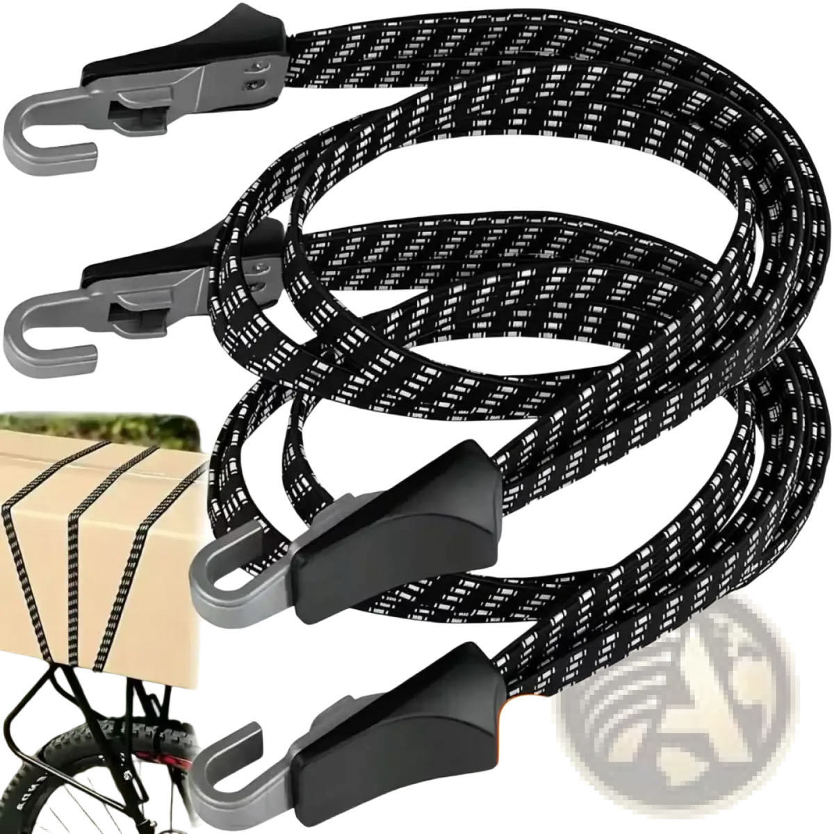 Elastic bicycle luggage strap with black and white patterned elastic and gray plastic hooks 60cm in length