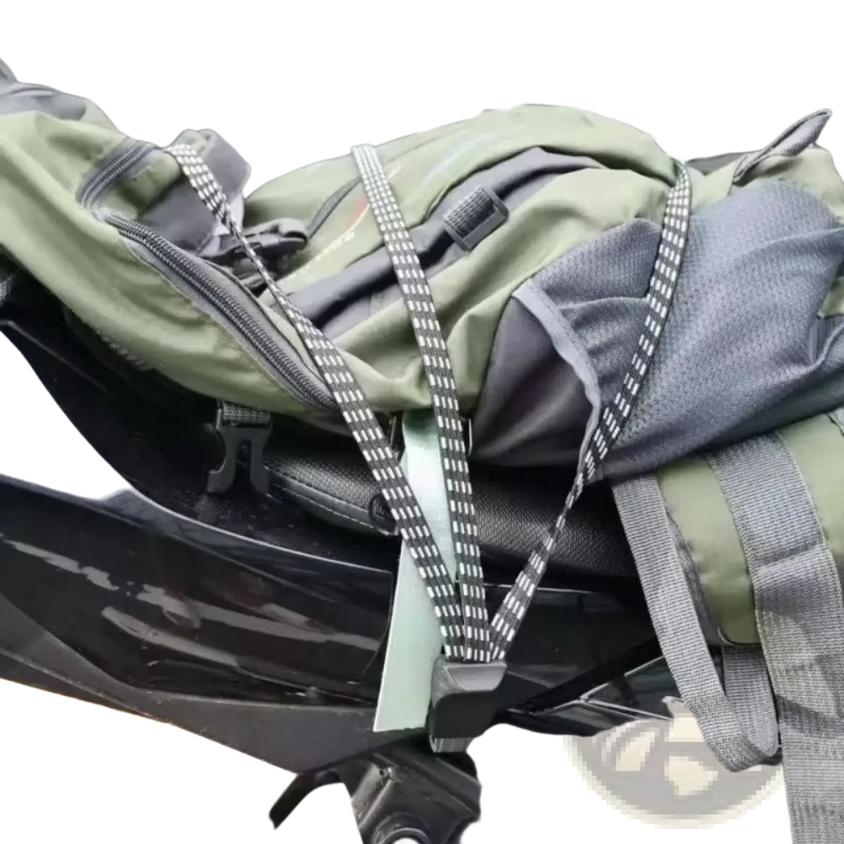Black and white reflective elastic bicycle luggage straps with plastic buckles securing a green backpack on motorcycle rear