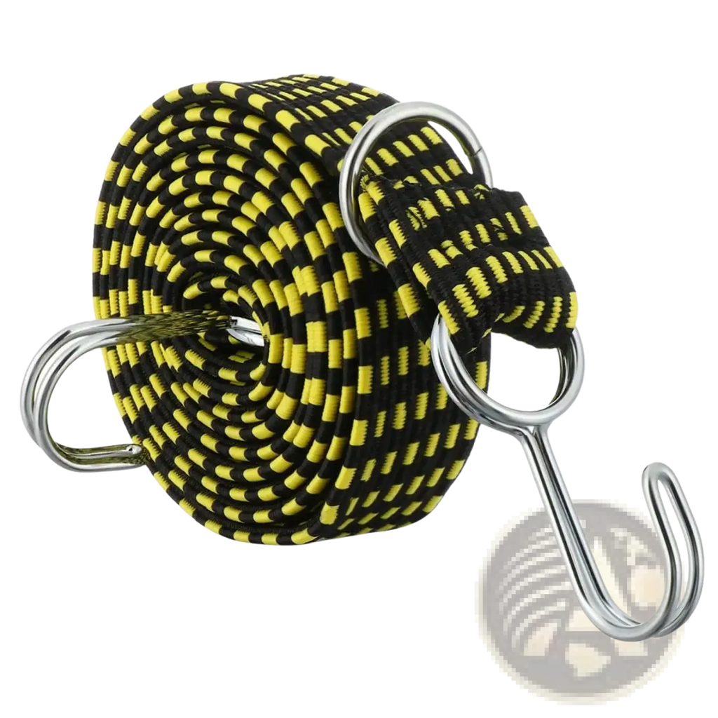 Elastic bicycle luggage strap with black and yellow striped elastic rope and metal hooks 2 meters long