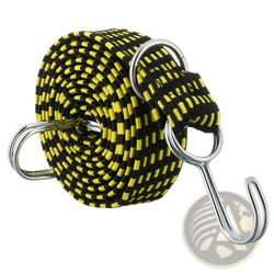 Elastic bicycle luggage strap with black and yellow striped elastic rope and metal hooks 2 meters long