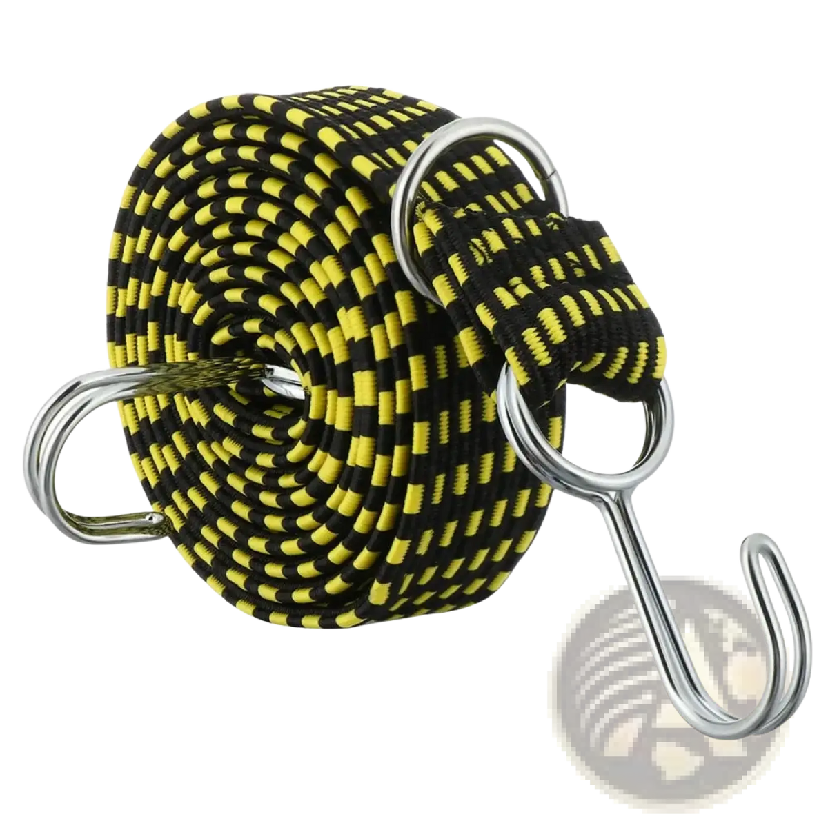Elastic bicycle luggage strap with black and yellow striped elastic rope and metal hooks 2 meters long