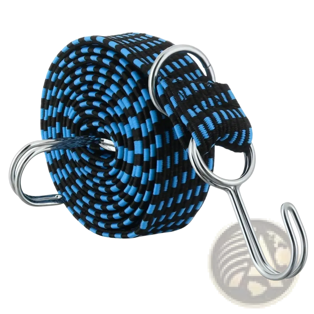 Elastic bicycle luggage strap with blue and black striped elastic material and metal hooks for secure fastening
