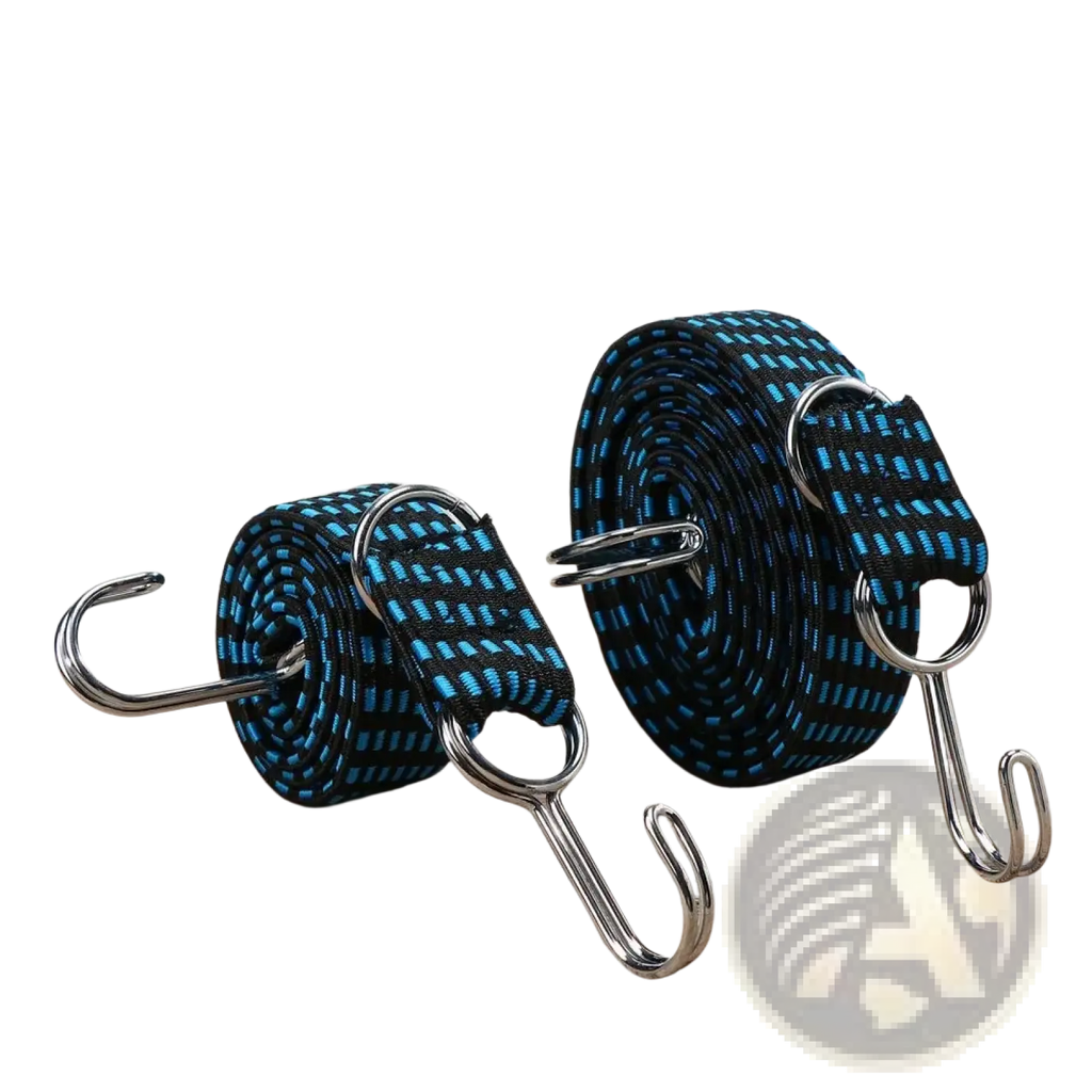 Blue and black woven elastic bicycle luggage straps with metal hooks for secure cargo attachment