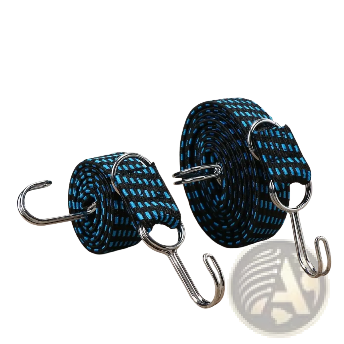 Blue and black woven elastic bicycle luggage straps with metal hooks for secure cargo attachment