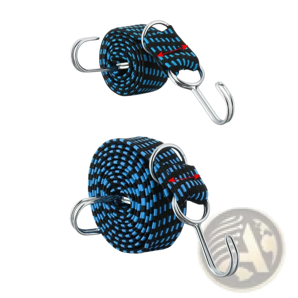 Elastic bicycle luggage strap with blue and black woven elastic material and metal hooks available in 1m and 2m lengths