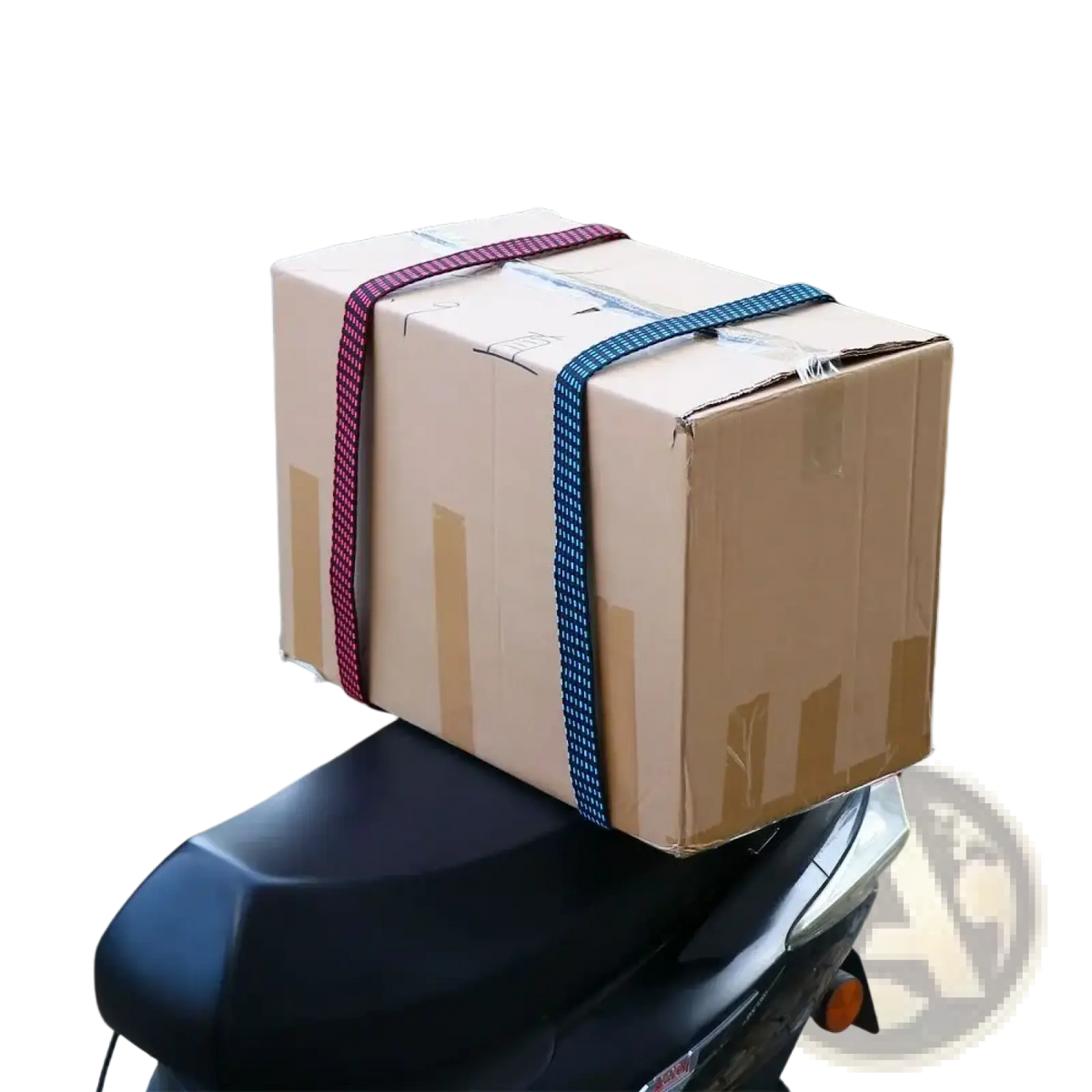 A brown cardboard box secured with red and blue elastic bicycle luggage straps with hooks on a scooter