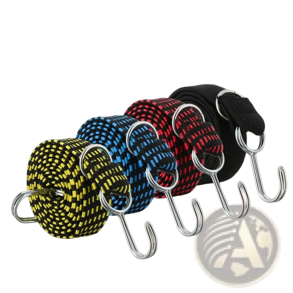 Elastic bicycle luggage straps with colorful woven elastic bands and metal hooks in yellow-black blue-black red-black and black
