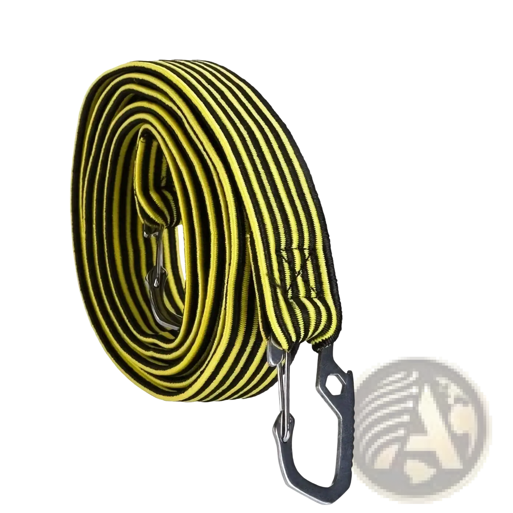 Elastic bike rack strap with yellow and black striped elastic and metal carabiner clip for secure fastening