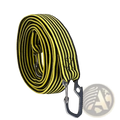 Elastic bike rack strap with yellow and black striped elastic and metal carabiner clip for secure fastening