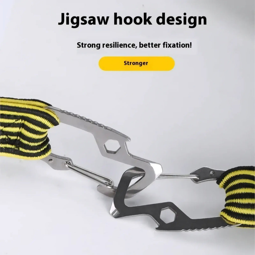 Elastic bike rack strap with silver metallic serrated jigsaw hook and hexagonal cutout attached to yellow black webbing