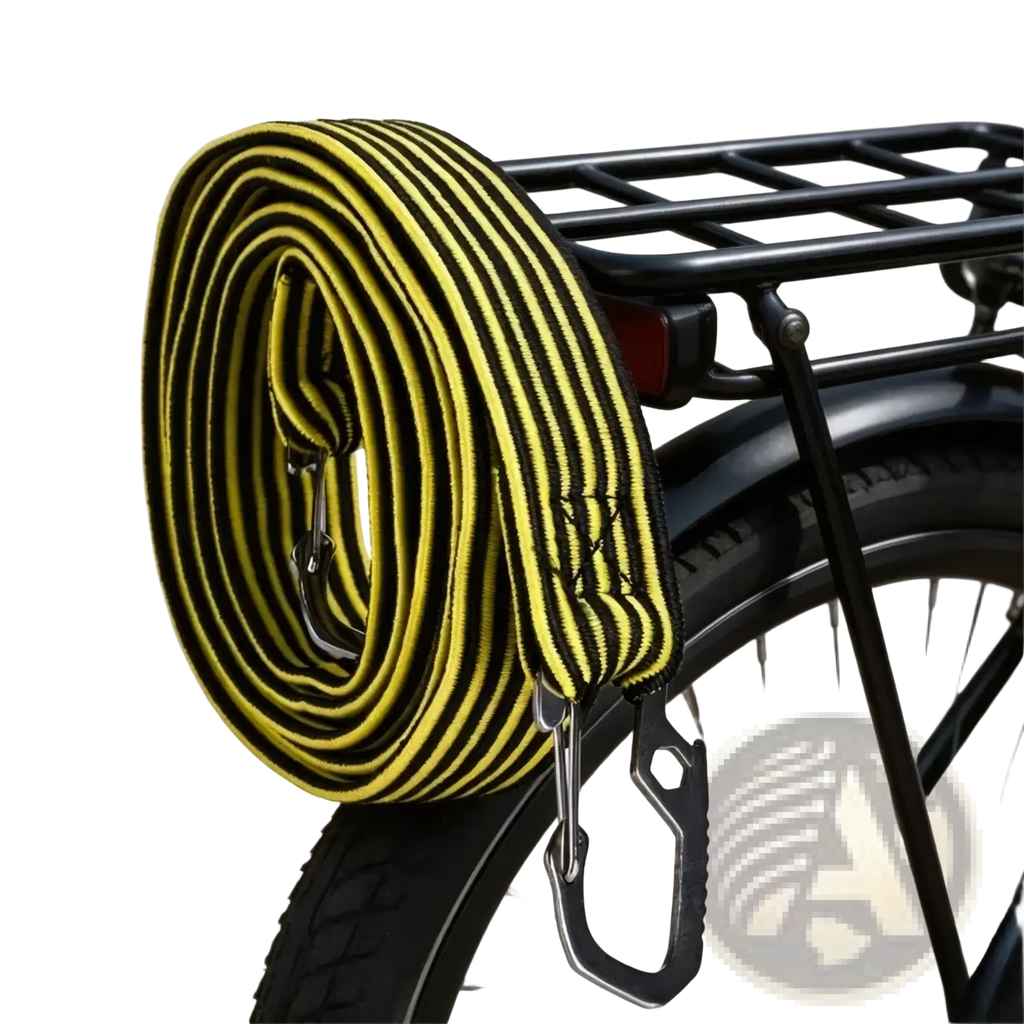 Elastic bike rack strap with yellow and black stripes and metal carabiner clips for secure attachment