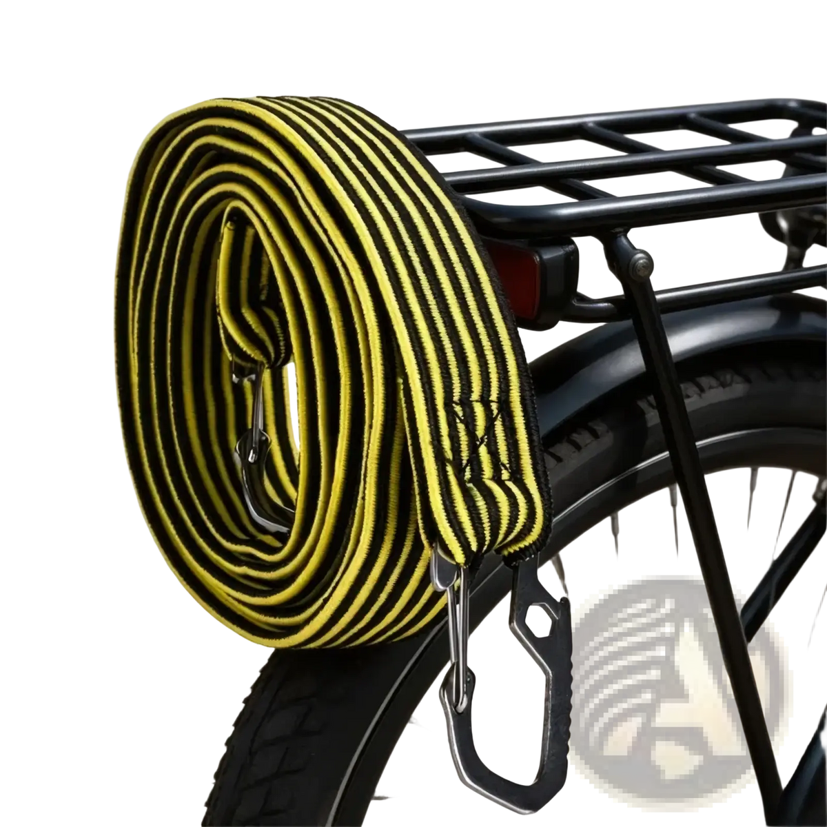 Elastic bike rack strap with yellow and black stripes and metal carabiner clips for secure attachment