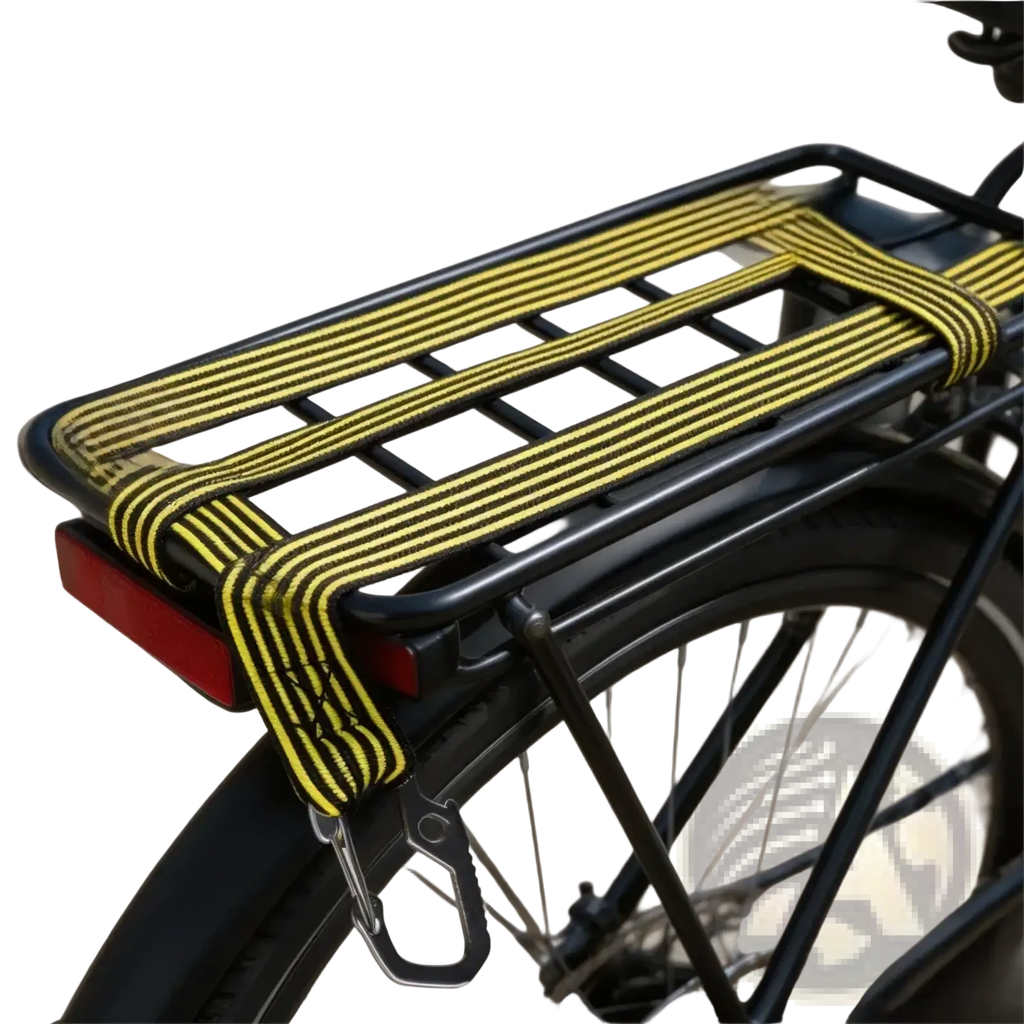 Elastic bike rack strap with yellow and black striped webbing and metal hooks securing a bicycle rack