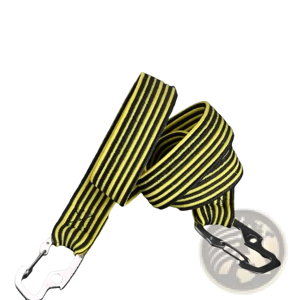 Elastic bike rack strap in yellow and black stripes with durable metal carabiner clips for secure fastening