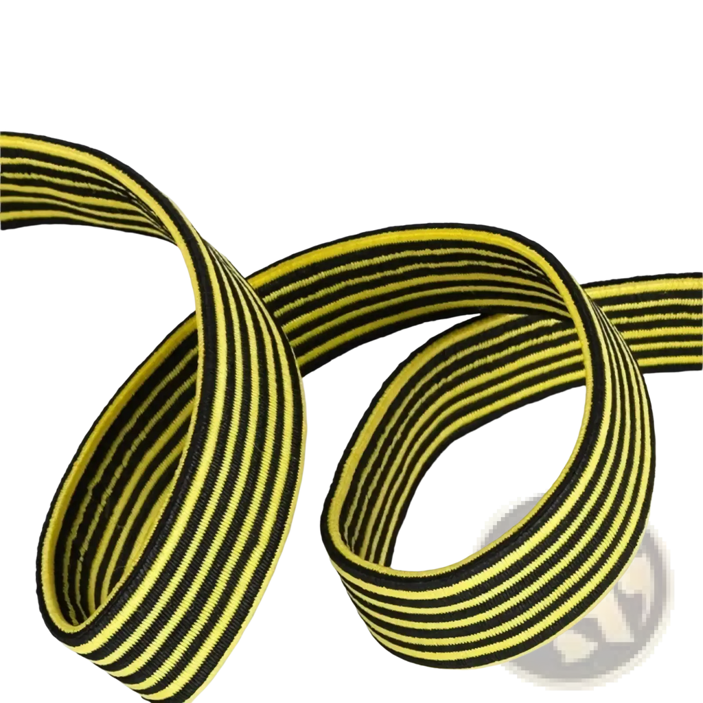 Elastic bike rack strap with yellow and black striped stretchy ribbed elastic band and metal hooks for secure fastening