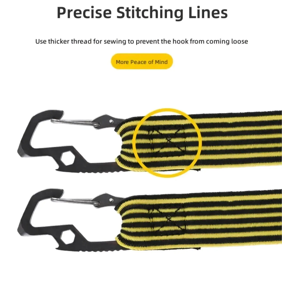 Elastic bike rack strap with yellow and black striped fabric and sturdy metal carabiner clip for secure attachment