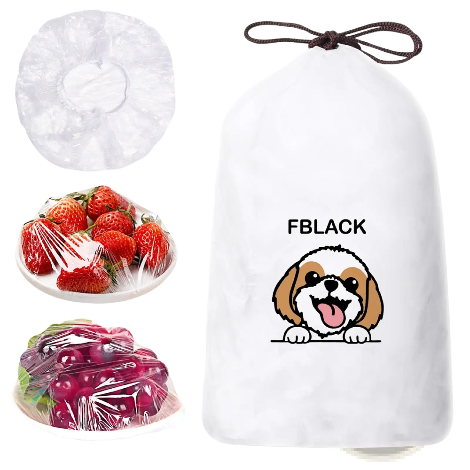 White drawstring storage bag with cartoon shih tzu and fblack logo for elastic food storage covers 100pcs plastic wrap