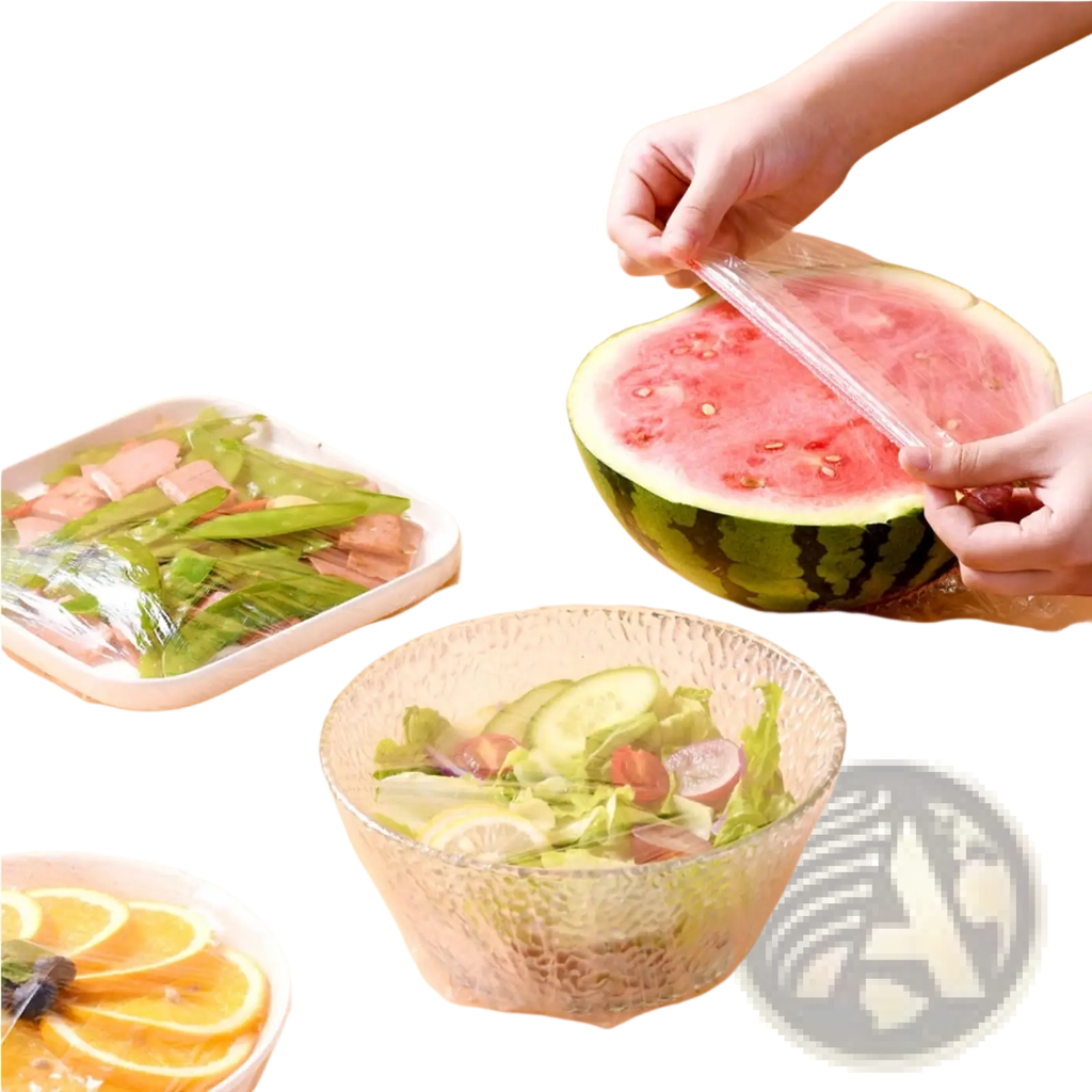 Clear stretchy plastic elastic food storage cover wrapping a halved watermelon for bowl wrap use 100pcs pack