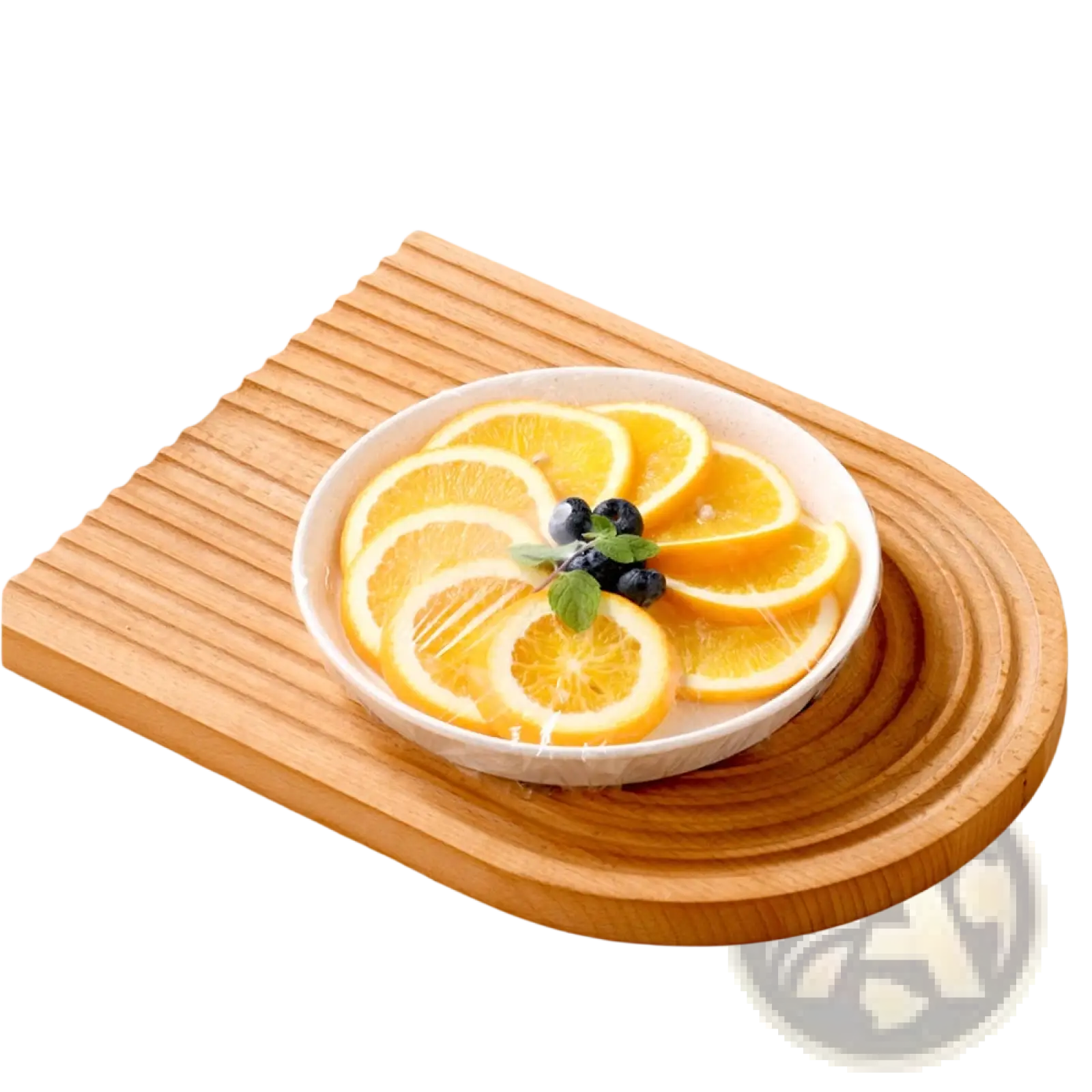 A white ceramic bowl covered with elastic clear plastic food storage covers filled with orange slices blueberries and mint